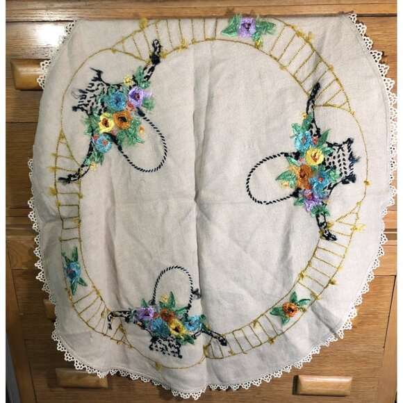 Vintage Table Center Piece Hand-Embroidered Linen Topper Floral Basket Lace Edge - Picture 5 of 14
